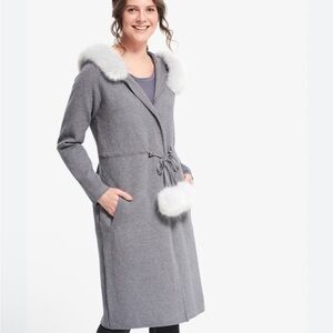 Joseph Ribkoff Coat with Removable Collar and Pom Pom tied belt